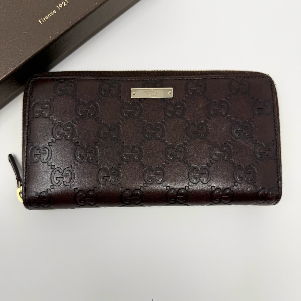 Gucci Dark Brown Guccissima Leather Zip Around Wallet with Box